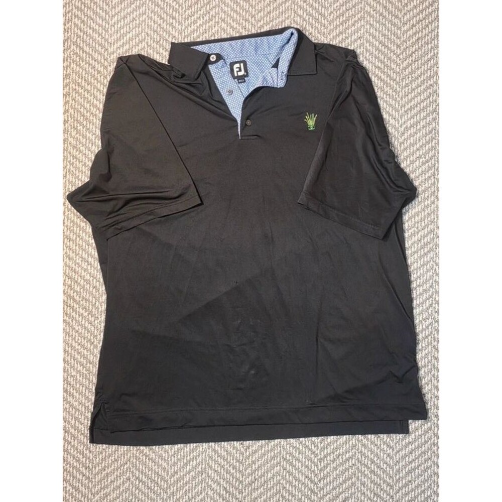 FootJoy Mens 2XL Black Performance Golf Polo Shirt Light Blue Pattern Collar